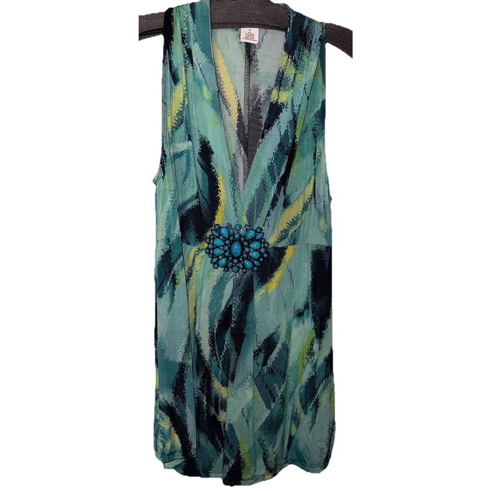 Cache Y2K Top Sleeveless Embellished Flowy Top Sz S Blue Green Turquoise Stone
